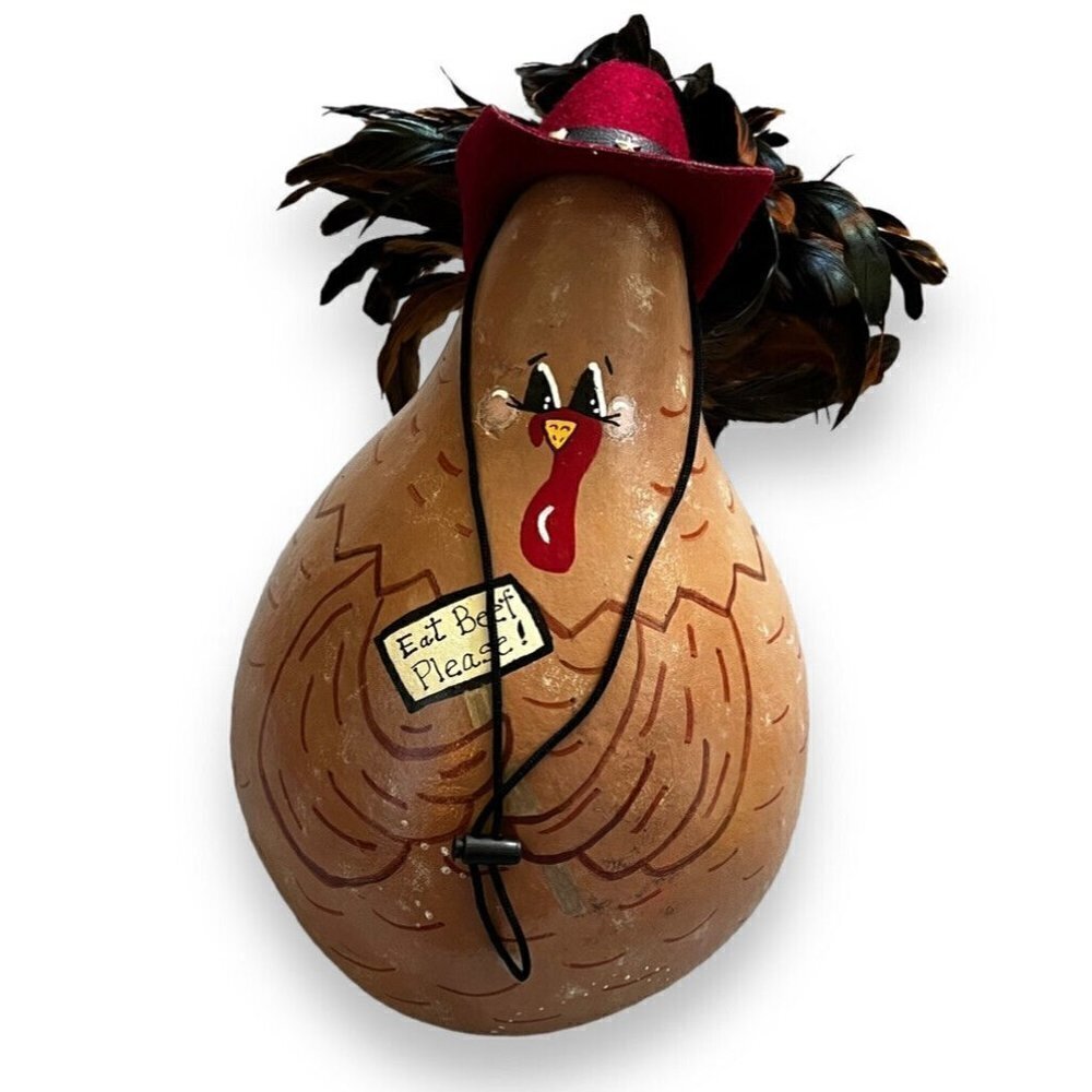 Vintage Thanksgiving Turkey Gourd Hand Painted Feather Tail Cowboy hat Folk Art